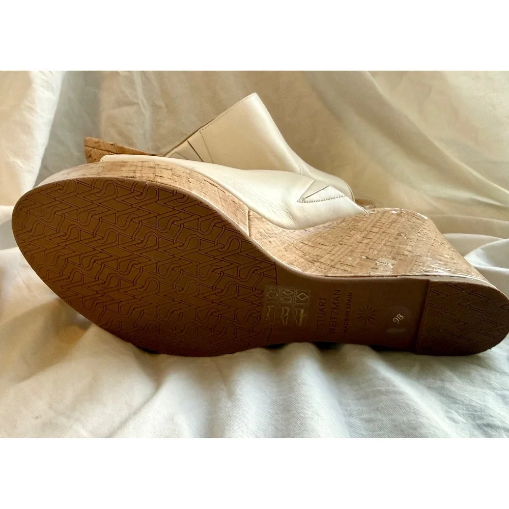 Stuart Weitzman Cream Leather Cork Platform Wedge Mules SH378 Size 9B - Picture 4 of 9